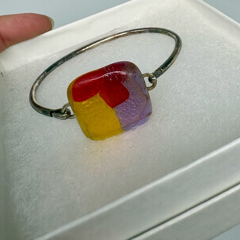 Fused Glass Handmade Bracelet, Colorful Dichroic Glass in Purple, Red & Yellow